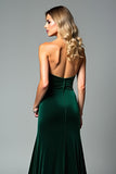 Veludo Verde Escuro Strapless Bainha Vestido Formal com Fenda