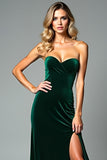 Veludo Verde Escuro Strapless Bainha Vestido Formal com Fenda