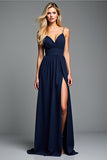 A Line Navy Spaghetti Correias Longo Vestido de Noiva Convidado