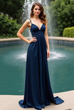 Navy Open Back Spaghetti Correias A-Line Long Wedding Guest Dress