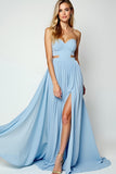 Blue Cut out A-Line Querida Vestido de Noiva Longo com Fenda