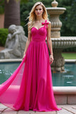 Uma linha Fuchsia correias Ruched Long Tulle Prom Dress