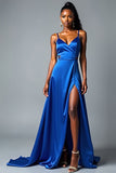 Royal Blue A Line Spaghetti Correias Long Satin Prom Dress
