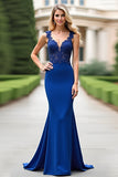 Royal Blue Appliqued Sereia V-Neck Mãe Do Vestido De Noiva