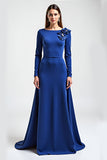 Azul Real Mangas Compridas Linha-A Longo Vestido Mae Noiva