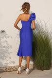 Royal Blue Satin Um Ombro Bainha Midi Vestido Formal