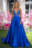 Royal Blue Satin Deep V-Neck A-Line Vestido de baile longo com apliques