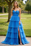 Vestido de baile plissado sem alças azul com fenda