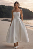 Branco Cetim Sem Alças Linha-A Midi Vestidos de Noiva