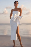 Sem Alças Arco Bodycon Midi Vestidinho Branco Com Fenda