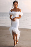 Fora do Ombro Assimétrico Bodycon Midi Vestidinho Branco
