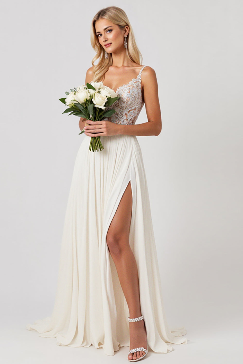 Marfim Linha-A Chiffon Renda Longos Vestido de Noiva Com Fenda