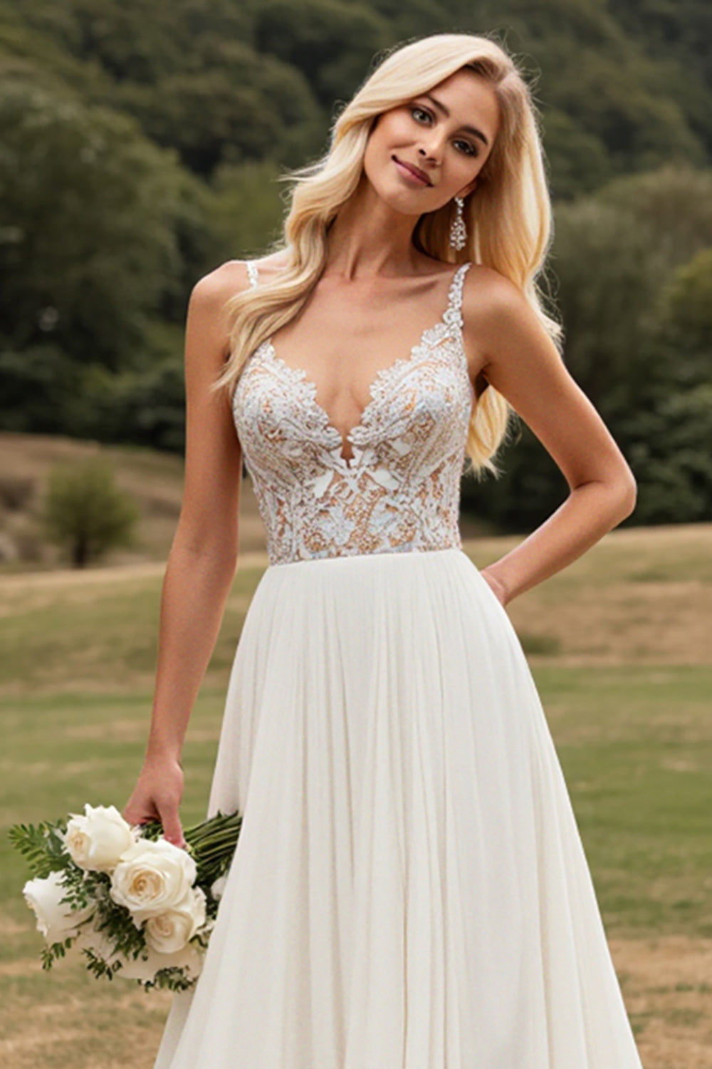 Marfim Linha-A Chiffon Renda Longos Vestido de Noiva Com Fenda