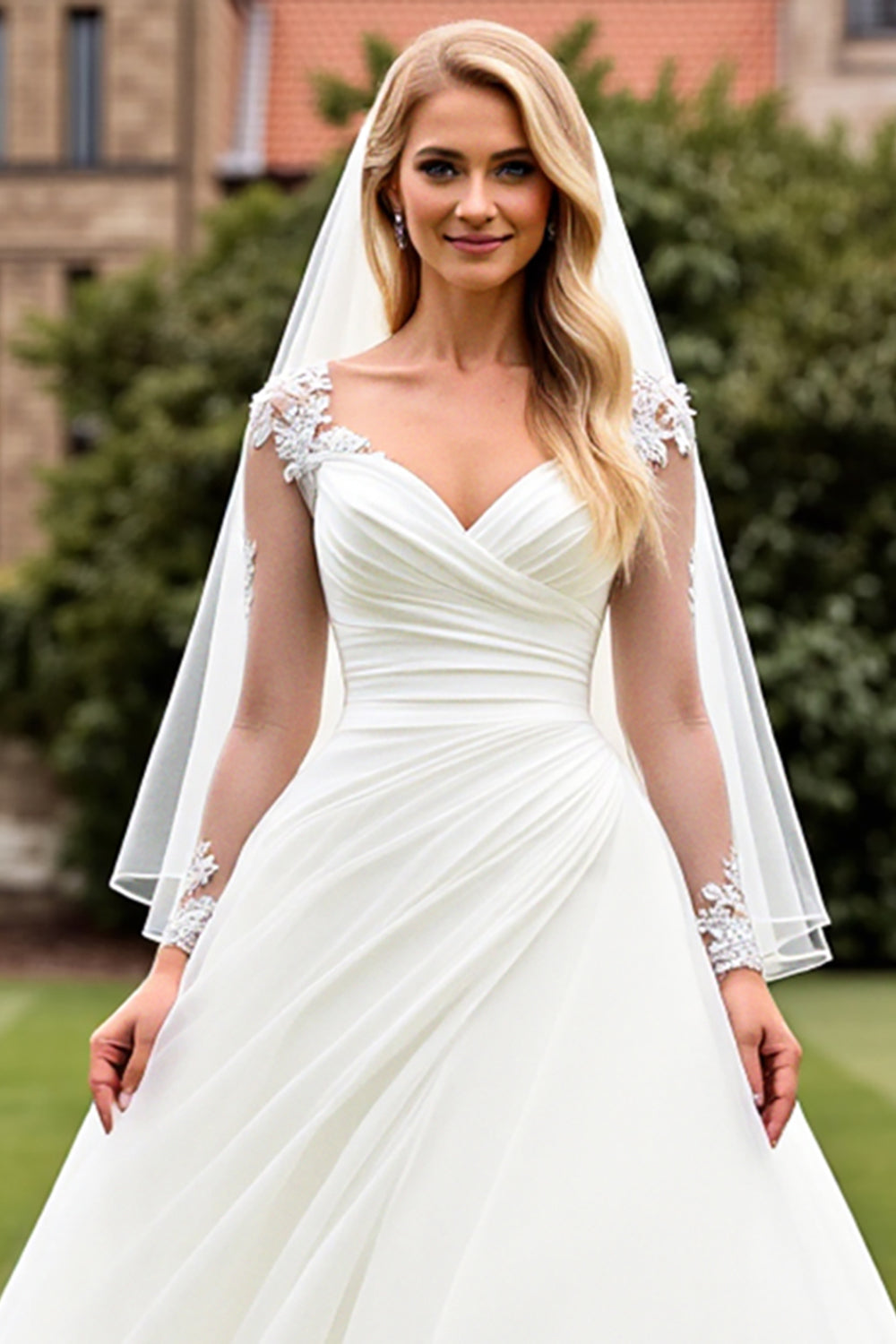 Vestido de Noiva Clássico Marfim Ruched Linha-A Renda Mangas Compridas