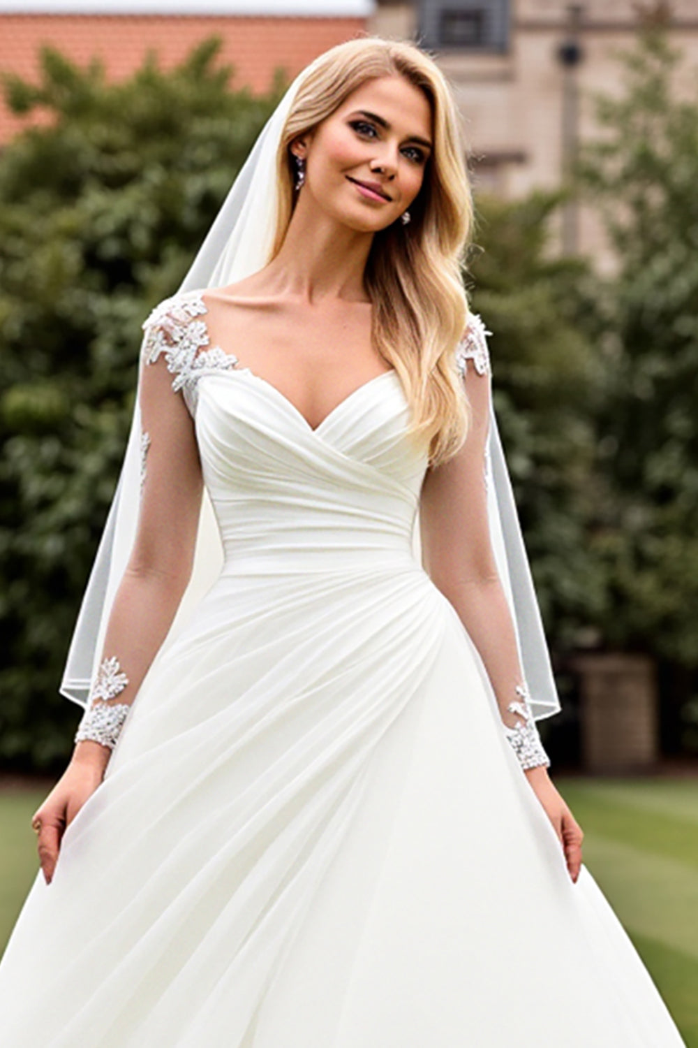 Vestido de Noiva Clássico Marfim Ruched Linha-A Renda Mangas Compridas