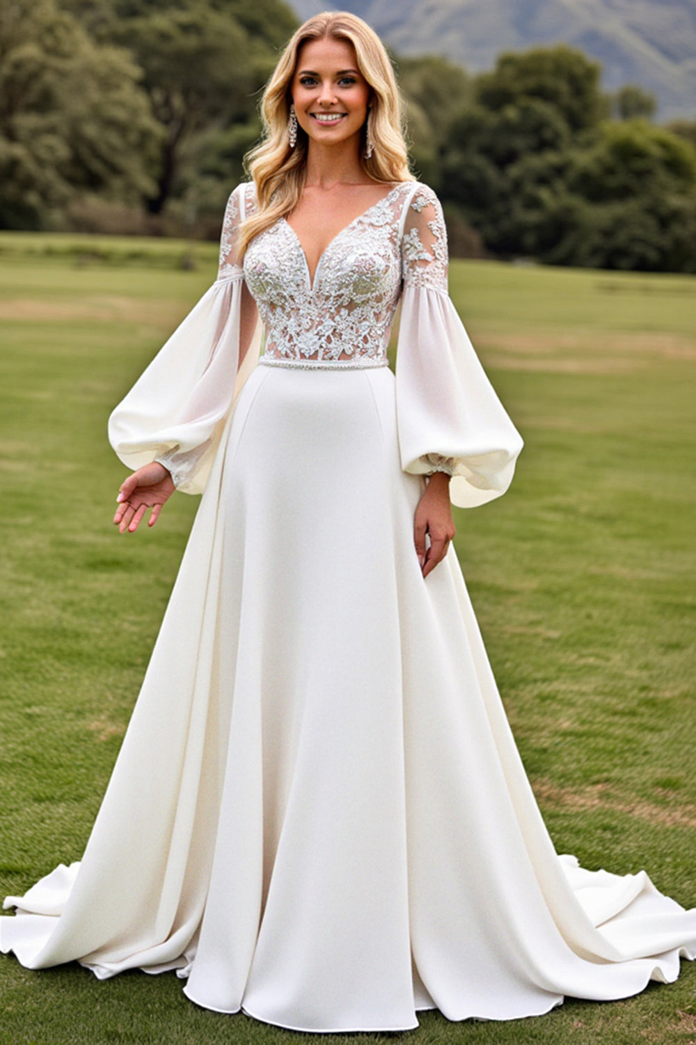 Vestidos de Noiva Marfim Longo Linha-A Mangas Compridas Apliques