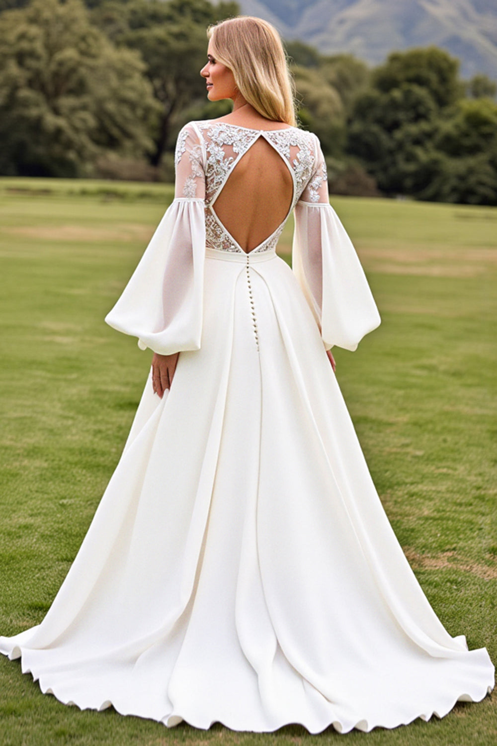 Vestidos de Noiva Marfim Longo Linha-A Mangas Compridas Apliques