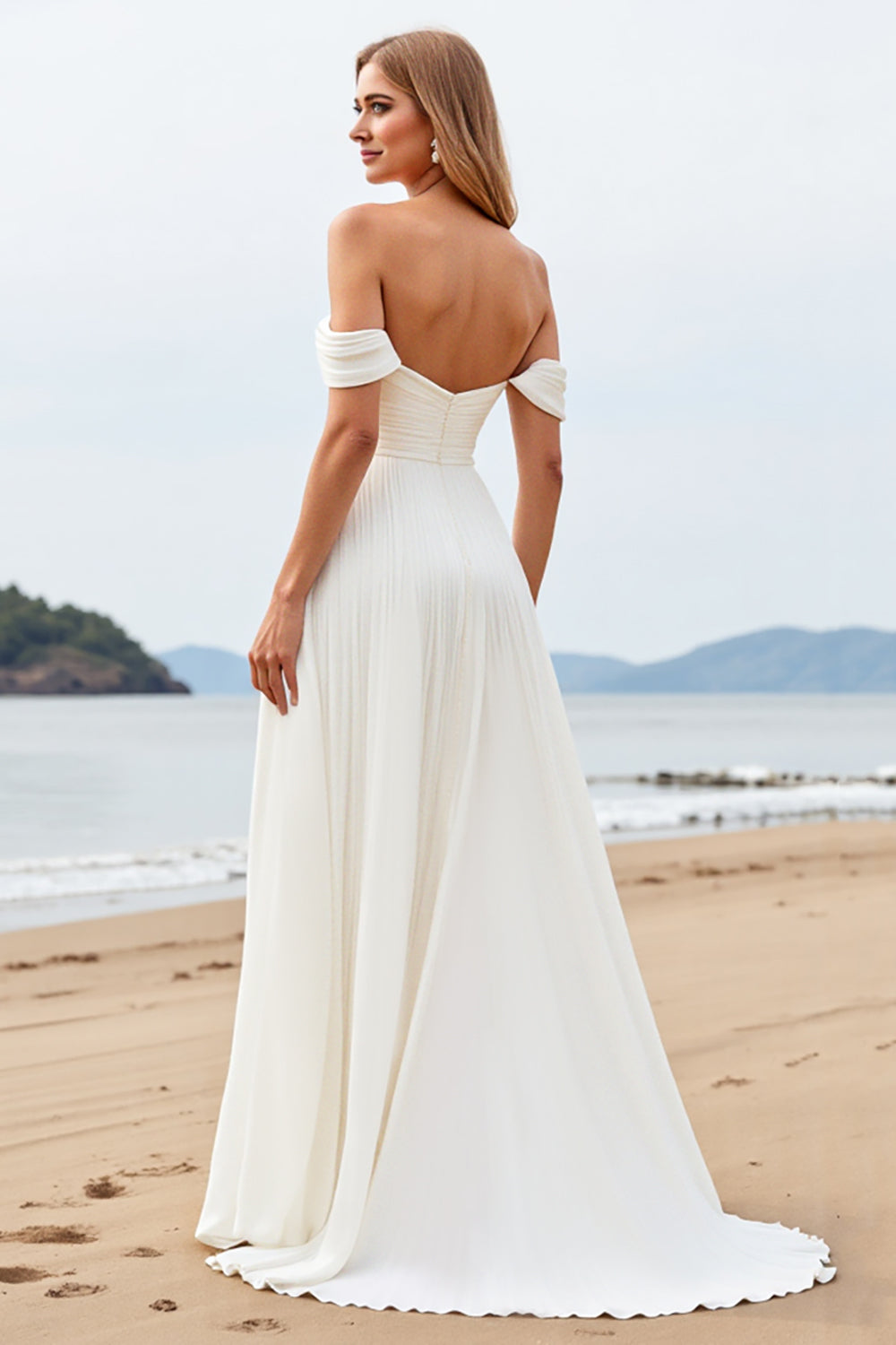 Marfim Chiffon Linha-A Fora do Ombro Longos Vestidos de Noiva
