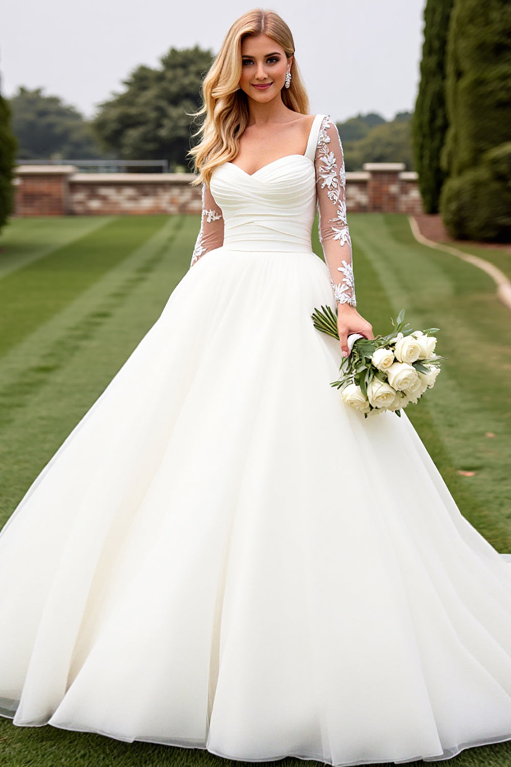Vestido de Noiva Longo Marfim Renda Linha-A Mangas Compridas