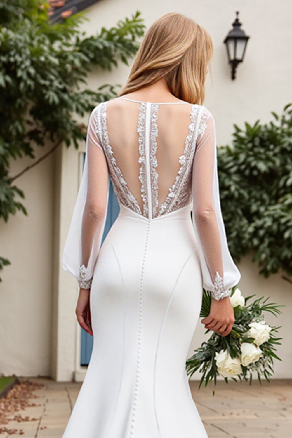 Vestido de Noiva Marfim Cetim Longo Sereia Mangas Compridas