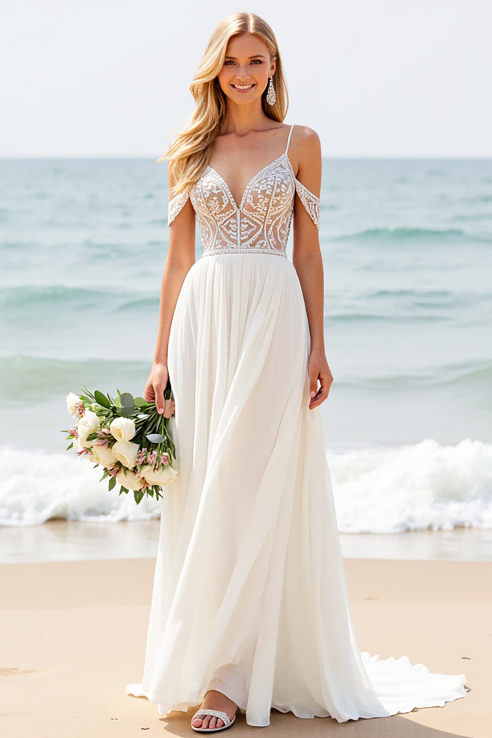 Vestido de Noiva Longo Chiffon Renda Ombro Frio Linha-A