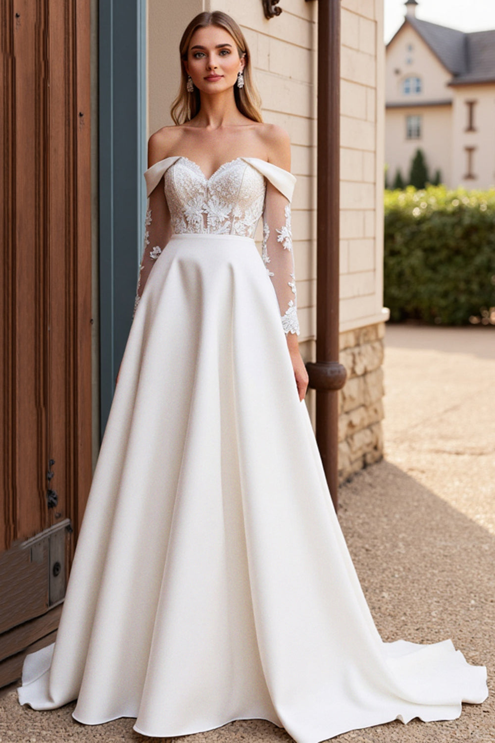 Vestido de Noiva Renda Marfim Longo Fora do Ombro Linha-A Cetim