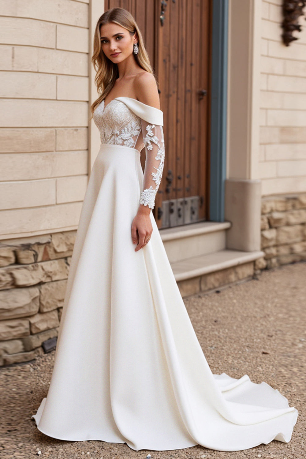 Vestido de Noiva Renda Marfim Longo Fora do Ombro Linha-A Cetim