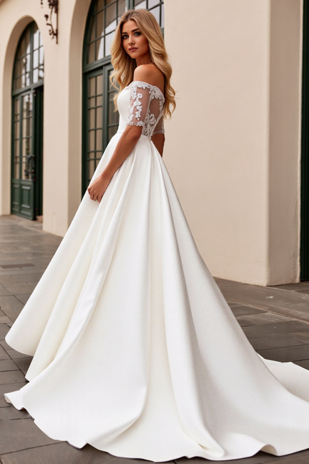 Marfim De Baile/Princesa Renda Sweep/Brush Trem Vestidos de Noiva