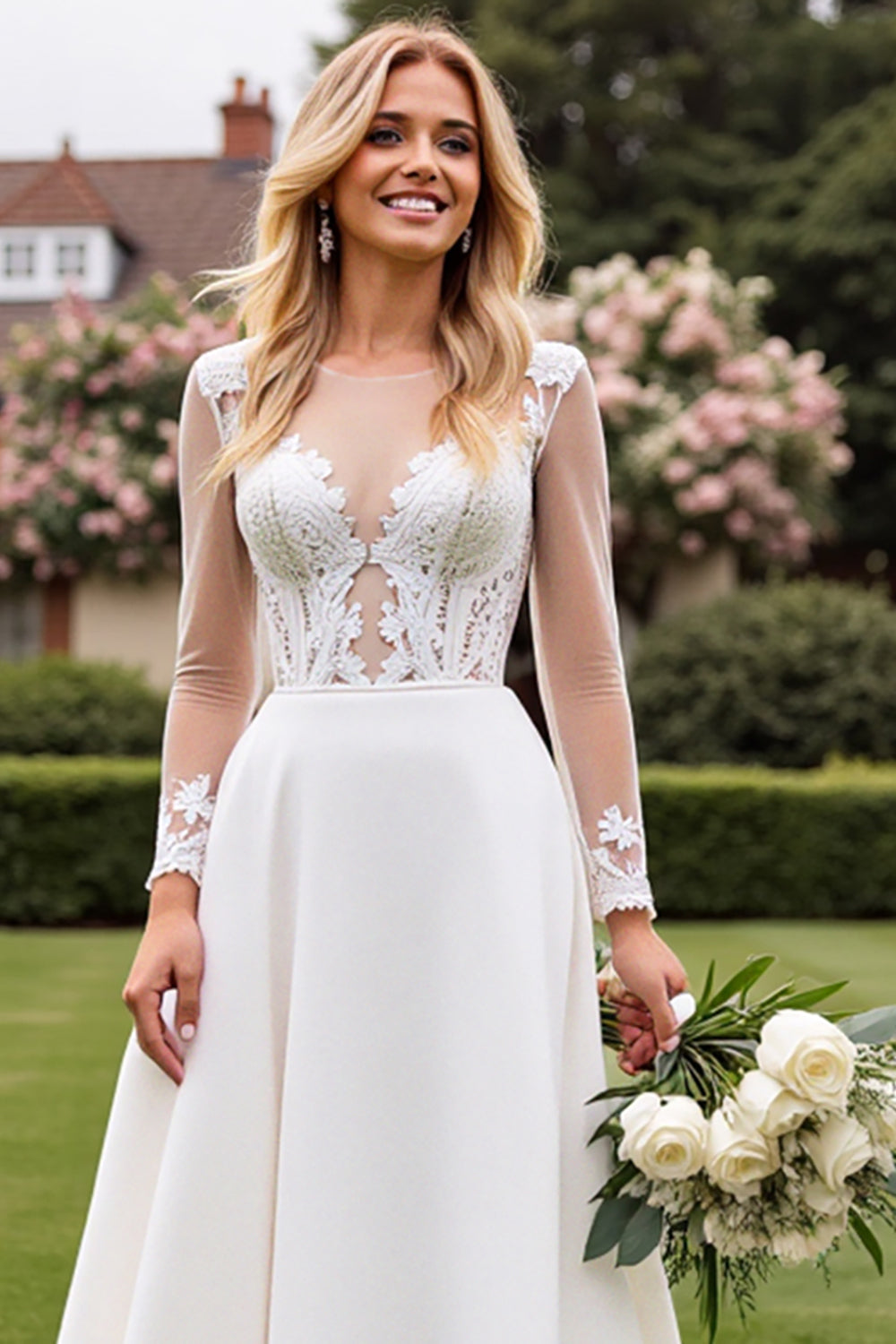 Vestido de Noiva Linha-A Marfim Renda Longo Appliqued