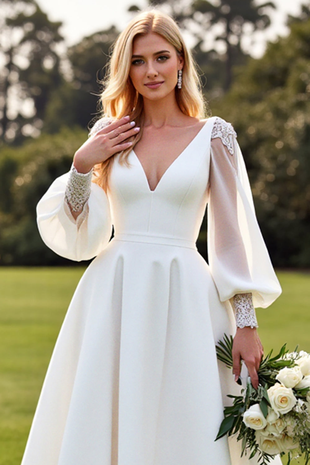 Marfim Decote em V De Baile/Princesa Longos Vestidos de Noiva