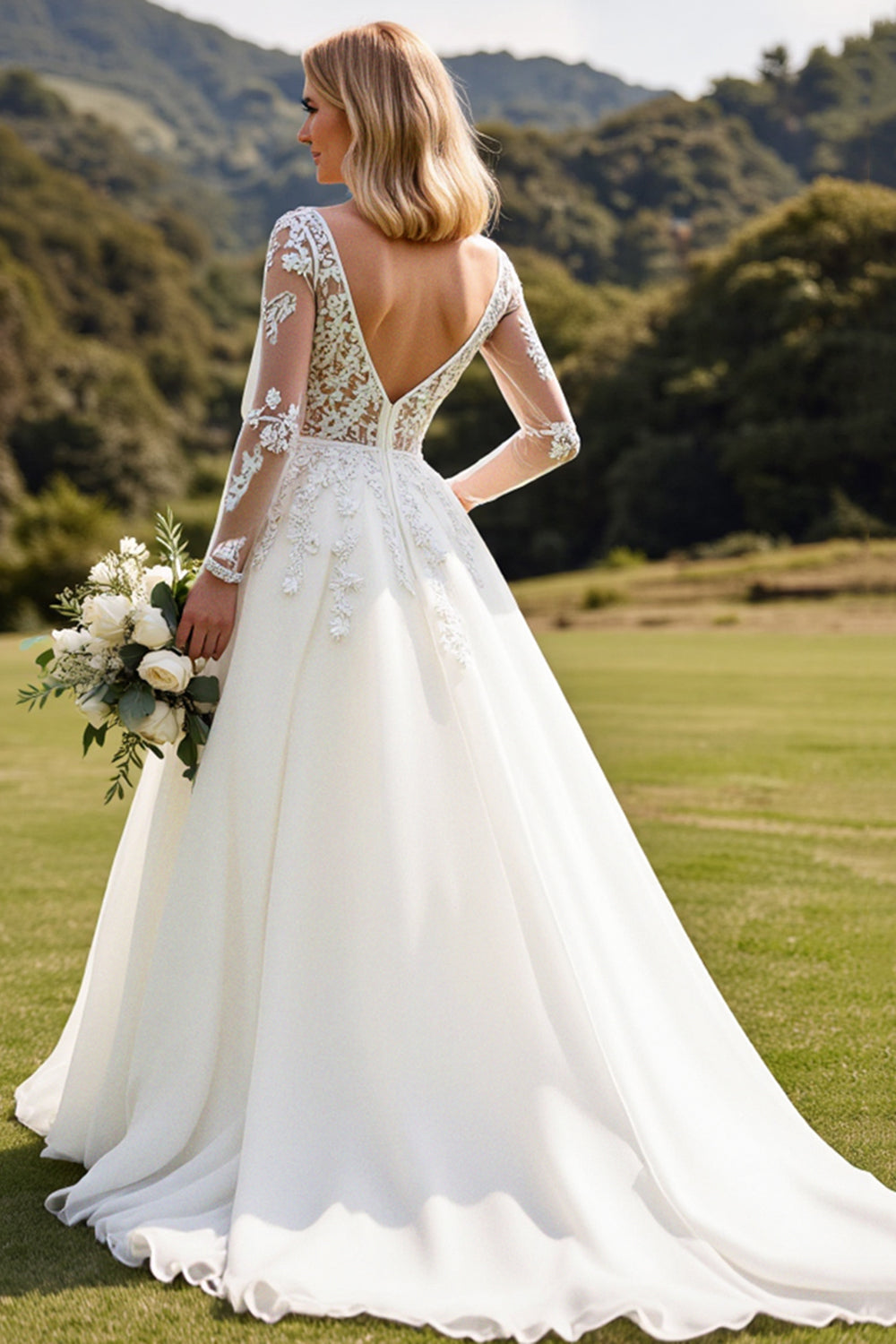 Vestido de Noiva Mangas Compridas Marfim Linha-A Renda Appliqued