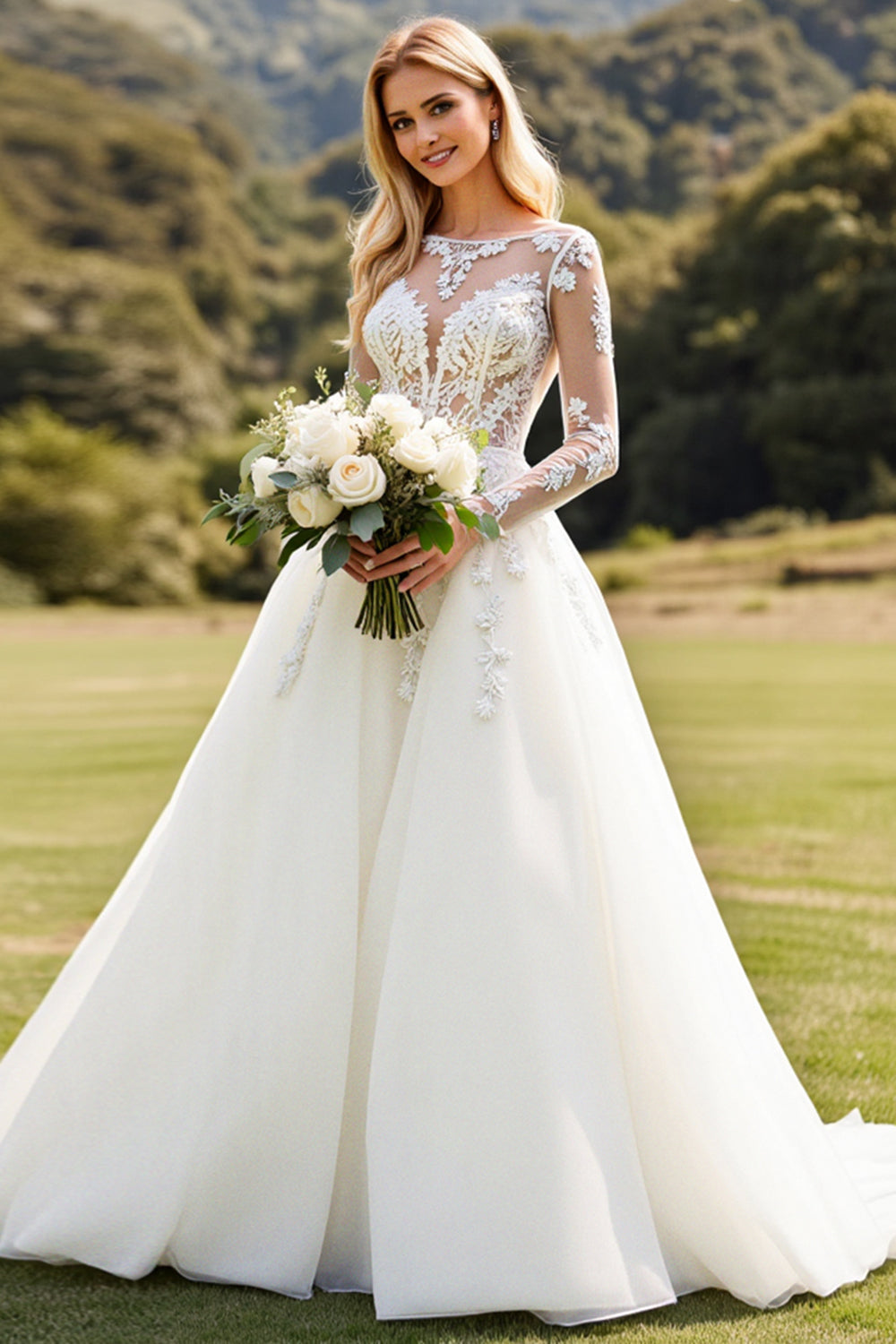 Vestido de Noiva Mangas Compridas Marfim Linha-A Renda Appliqued
