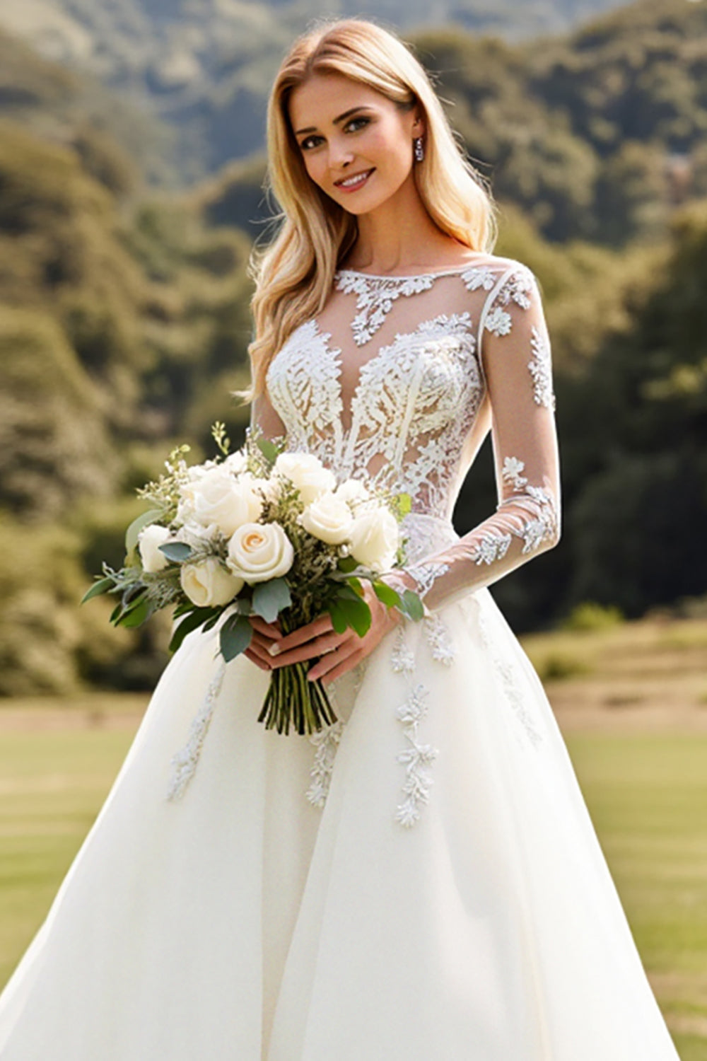 Vestido de Noiva Mangas Compridas Marfim Linha-A Renda Appliqued