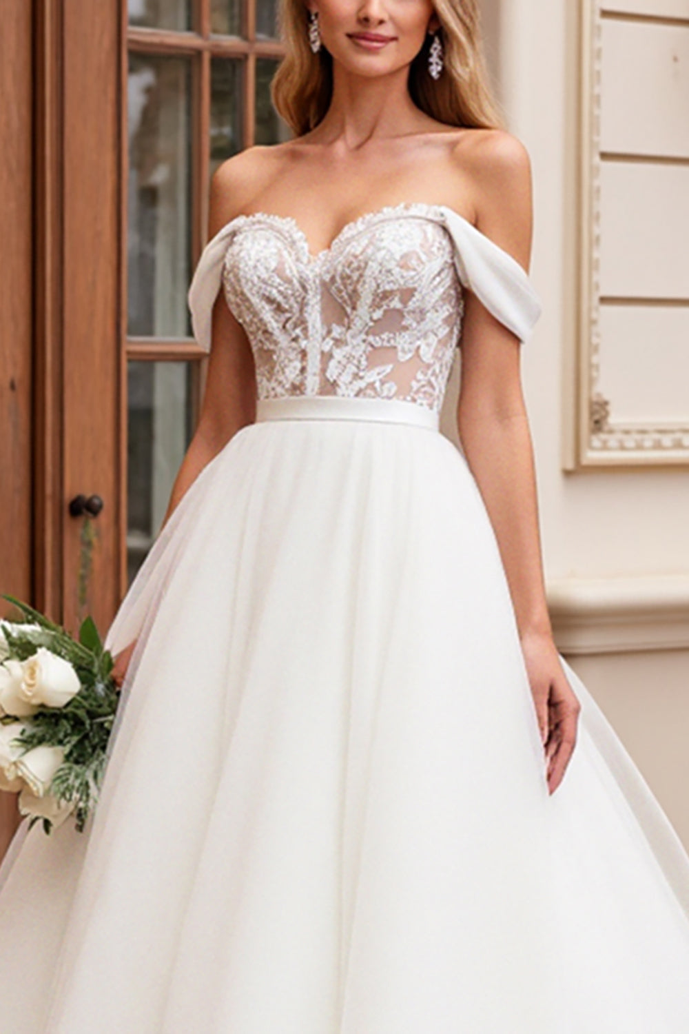 Vestido de Noiva Linha-A Longo Tule Fora do Ombro Renda Apliques Marfim