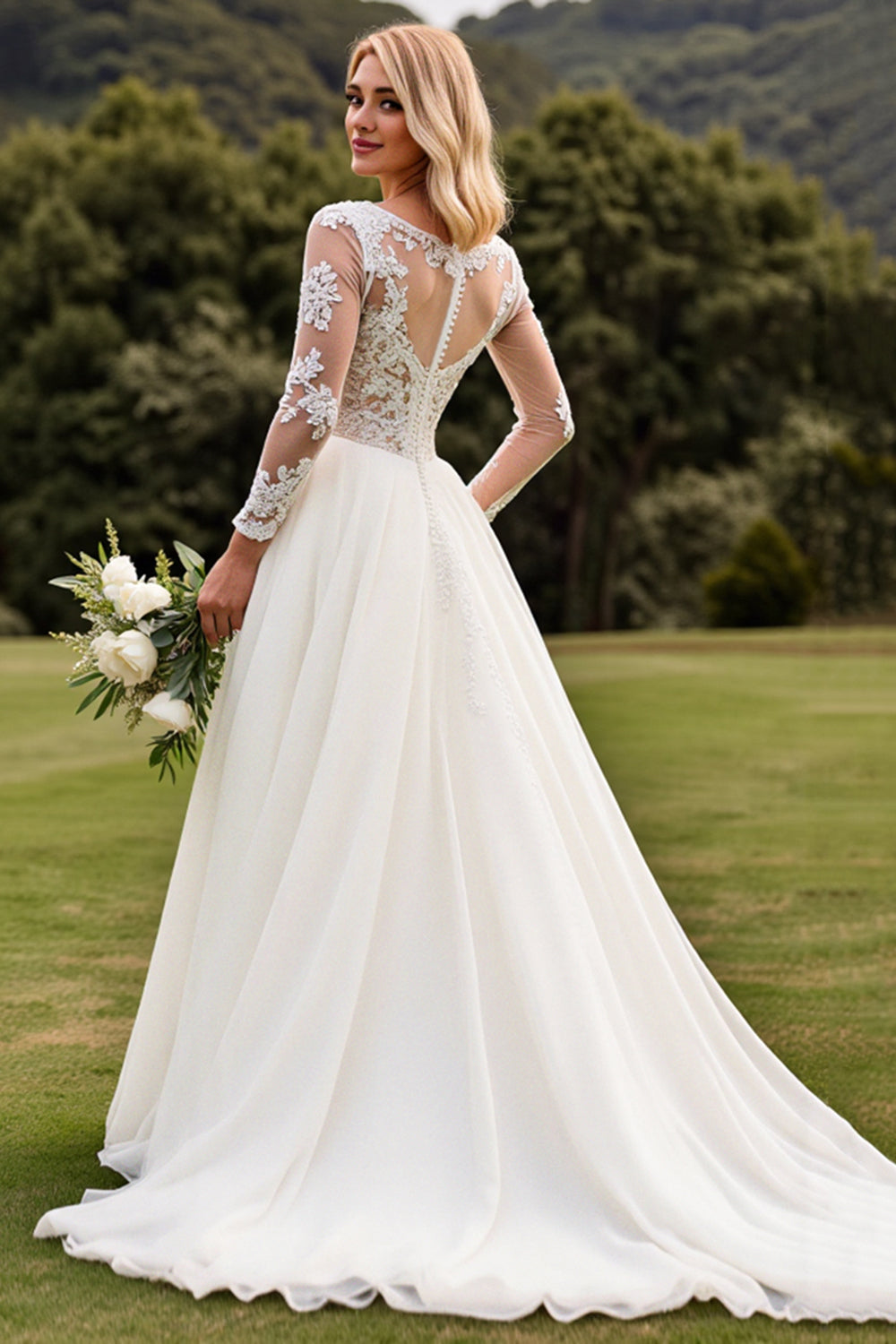 Vestidos de Noiva Linha-A Apliques Marfim Longo Renda Decote em V