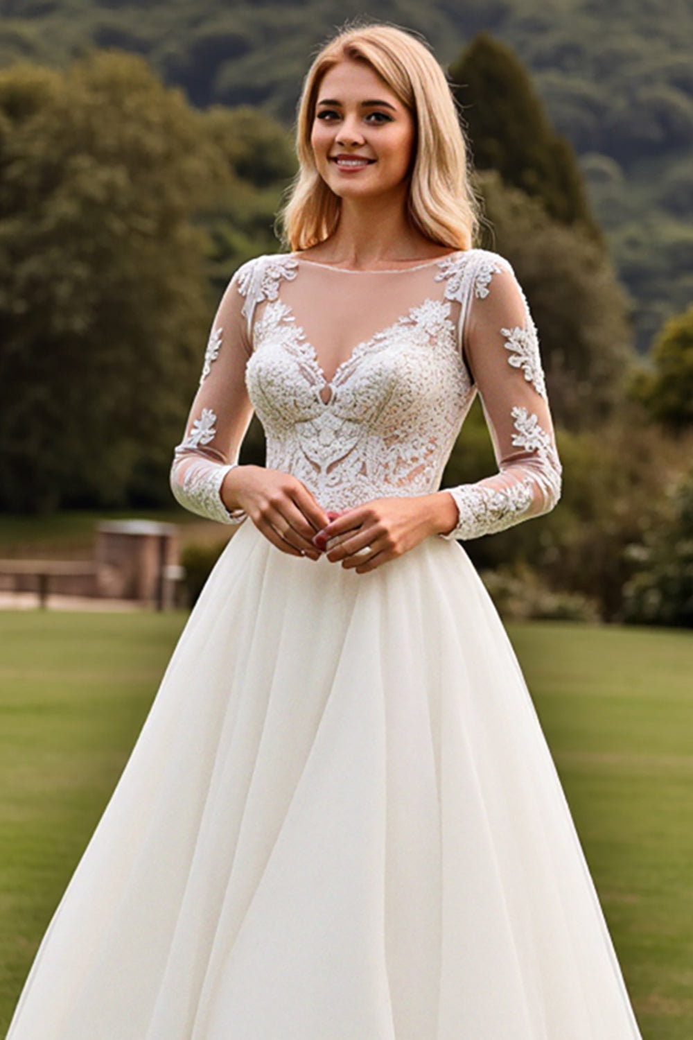 Vestidos de Noiva Linha-A Apliques Marfim Longo Renda Decote em V