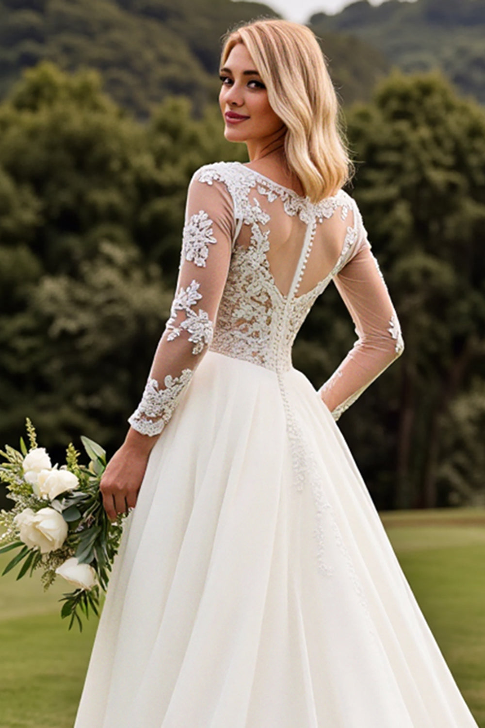 Vestidos de Noiva Linha-A Apliques Marfim Longo Renda Decote em V