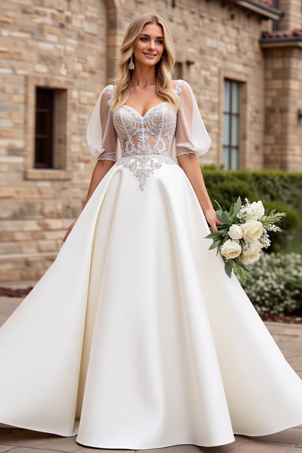 Marfim De Baile/Princesa Apliques Cetim Longo Vestidos de Noiva