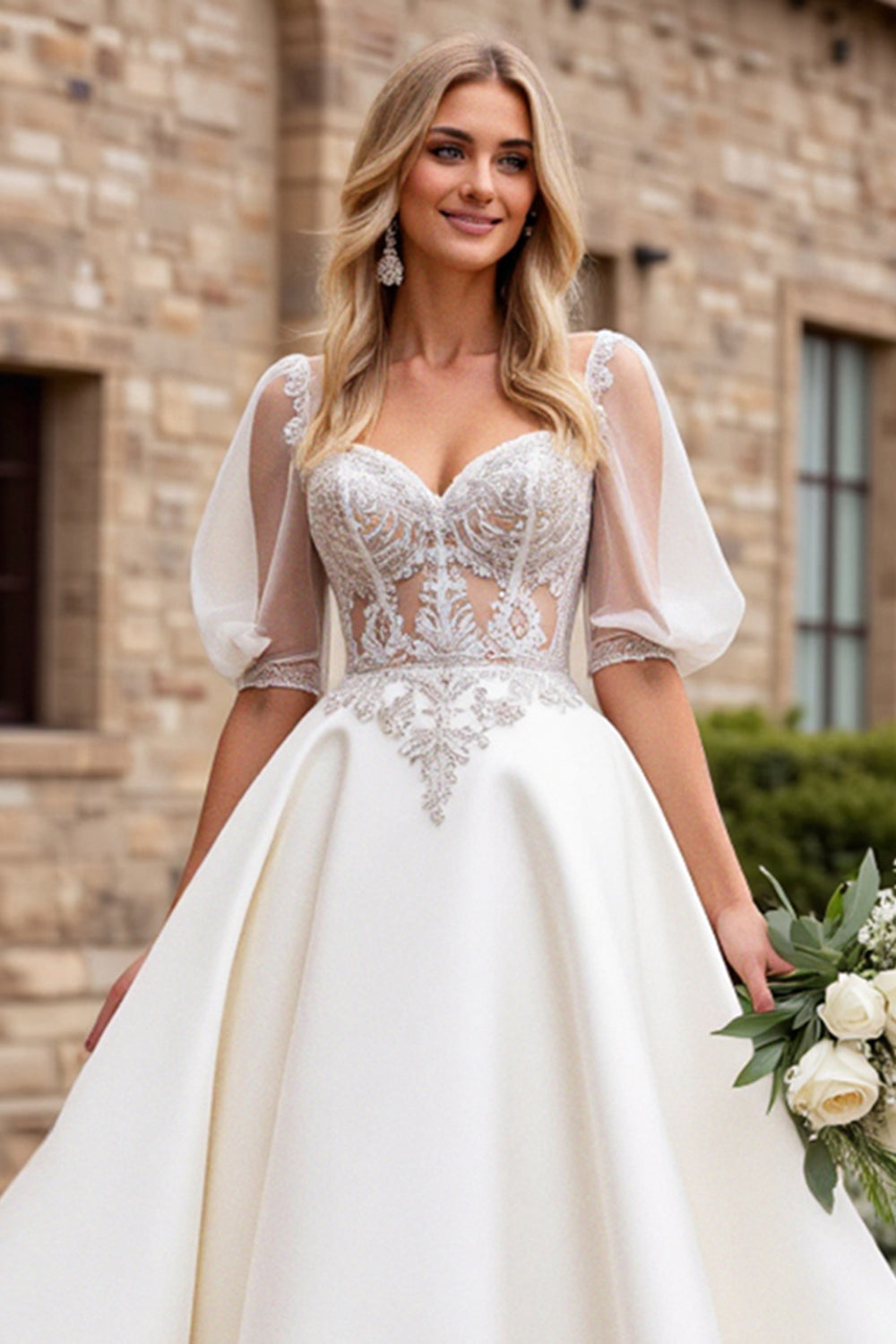 Marfim De Baile/Princesa Apliques Cetim Longo Vestidos de Noiva