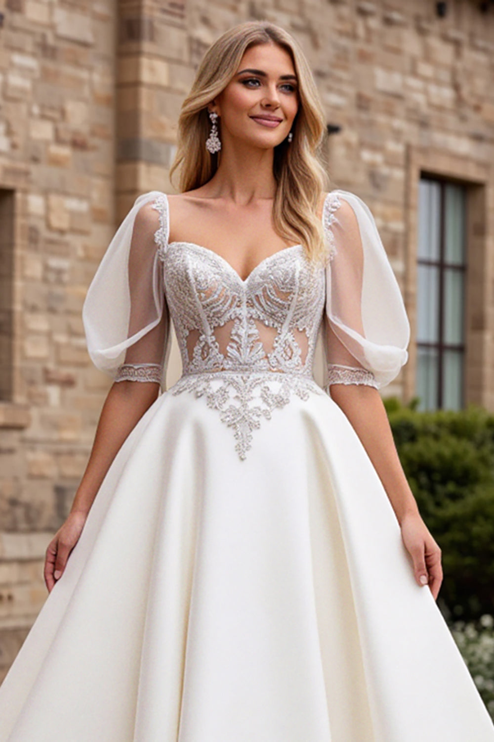 Marfim De Baile/Princesa Apliques Cetim Longo Vestidos de Noiva