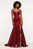 Borgonha Sereia V-Neck Corset Velvet Prom Dress