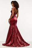 Borgonha Sereia V-Neck Corset Velvet Prom Dress