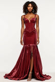 Borgonha Sereia V-Neck Corset Velvet Prom Dress