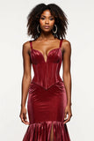 Borgonha Sereia V-Neck Corset Velvet Prom Dress