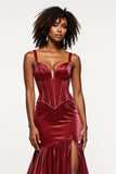 Borgonha Sereia V-Neck Corset Velvet Prom Dress