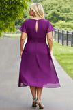Vestido Mãe da Noiva Roxo Bainha Chiffon Midi Tamanhos Grandes Ruched