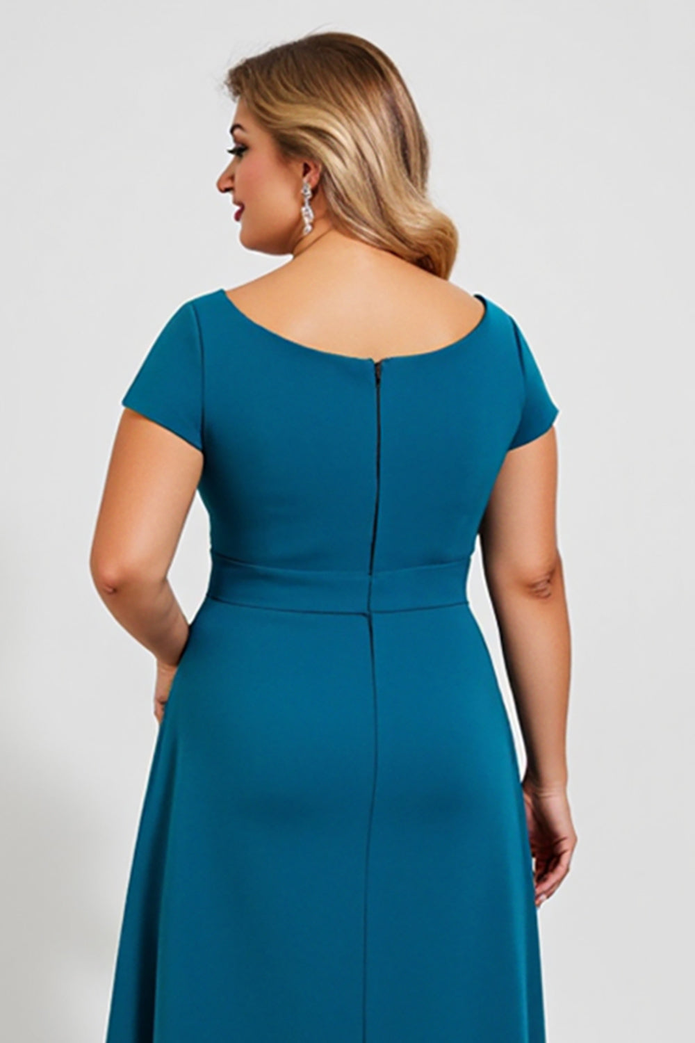 Pavão Azul Linha-A Chiffon Midi Tamanhos Grandes Vestido Mae Noiva