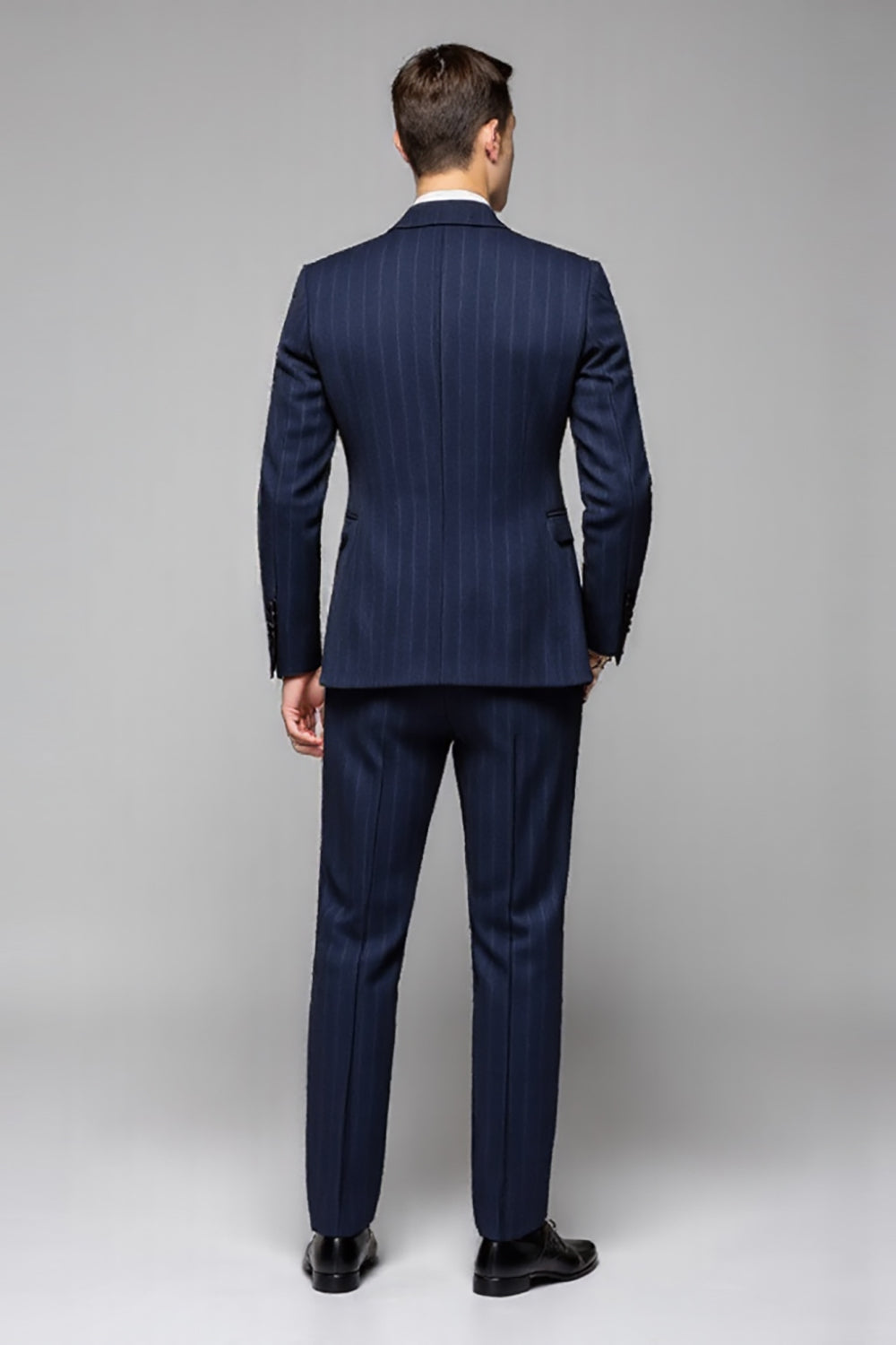 Navy Pinstripe 3 Peça Um Botão Notched Lapela Fato Homem