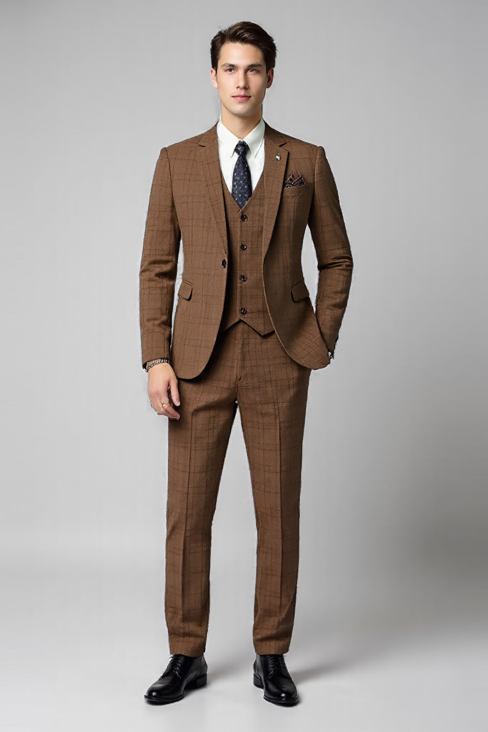 3 Peças Slim Fit Verificado Entalado Lapela Marrom Fato Homem