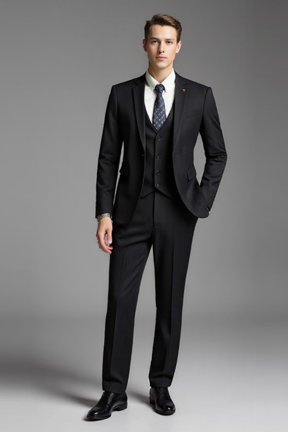 Preto Sólido Slim Fit Notched Lapela 3 Peças Fato Homem